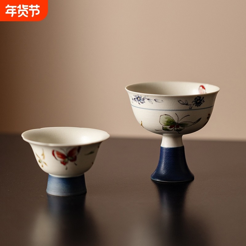 中式家用陶瓷高脚主人杯青花火石红花口茶杯功夫茶具品茗杯复古风,餐饮具,茶杯,淘宝优惠券,粉丝福利购,淘宝优惠卷