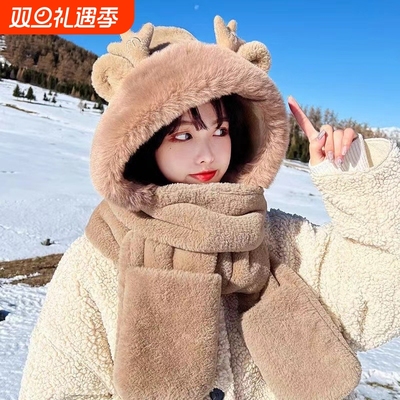 可爱鹿角帽子围脖手套一体三件套