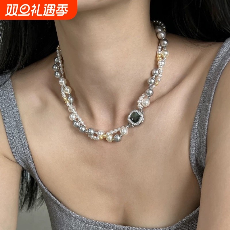 日韩双层叠戴珍珠项链女小众设计高级感颈链2024年新款爆款锁骨链