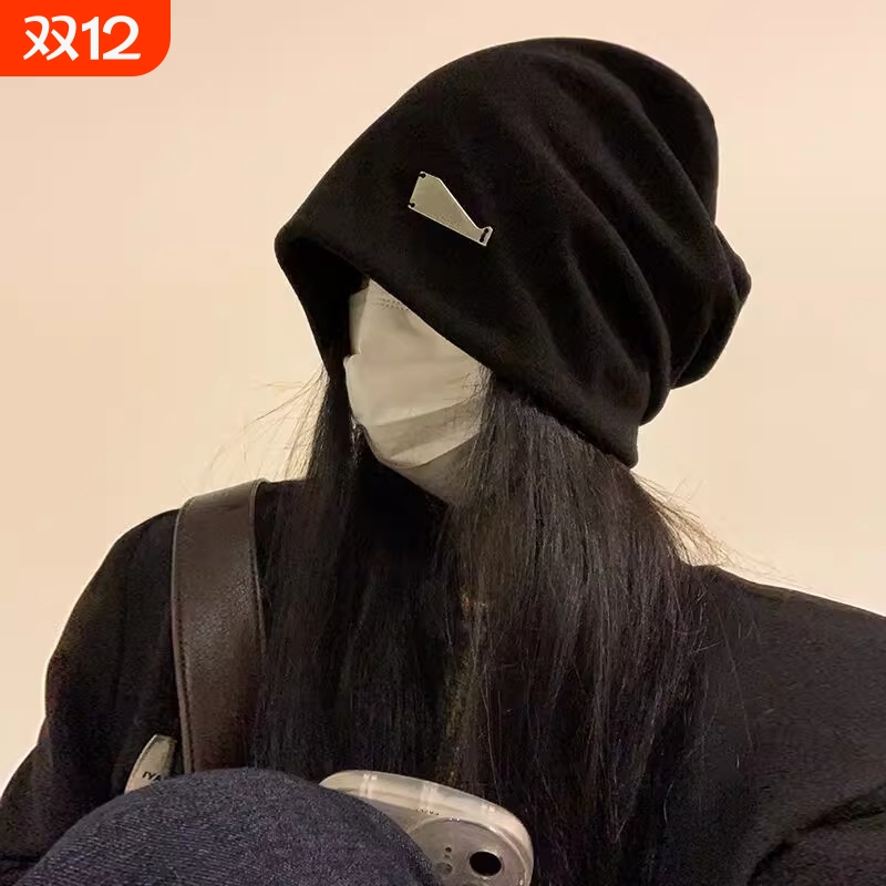 高级感堆堆帽女秋冬冷帽头套月子帽大头围显脸小针织帽子灰色黑色