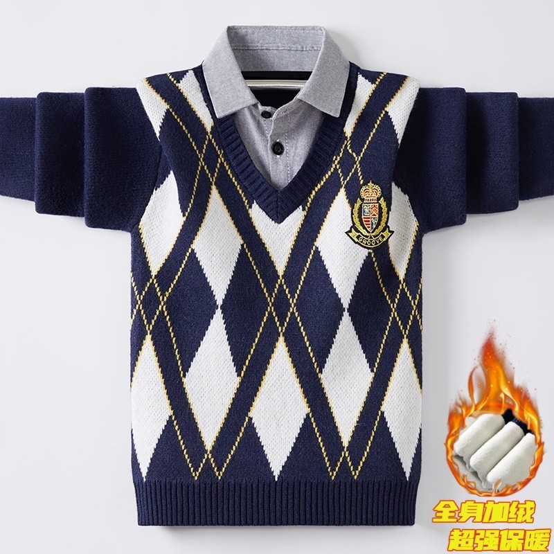 男童假两件加绒厚款毛衣儿童衬衫领打底衫秋冬款中大童男孩针织衫