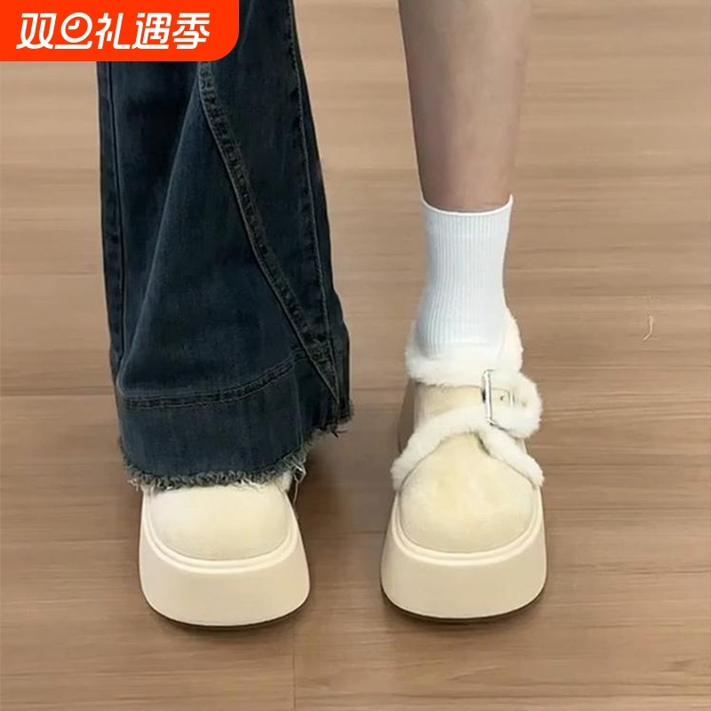 加绒松糕厚底勃肯棉鞋女冬季外穿2025保暖毛毛鞋子雪地靴黑色防滑