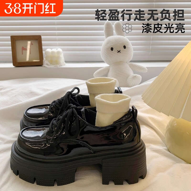 厚底小皮鞋女2024春秋夏季新款粗跟英伦风单鞋子日系圆头网纱系带
