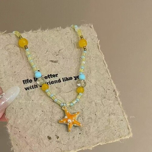 多巴胺百搭2025海星串珠夏天项链新款海边度假锁骨链橙色颈链
