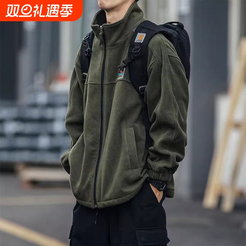 日系摇粒绒开衫卫衣男立领宽松拉链外套春秋休闲运动夹克绿色黑色