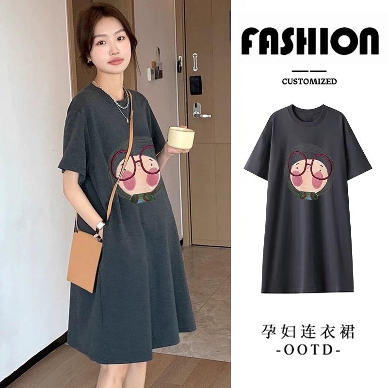 孕妇夏季连衣裙时尚宽松休闲大码薄款夏装小个子纯棉短袖T恤裙子