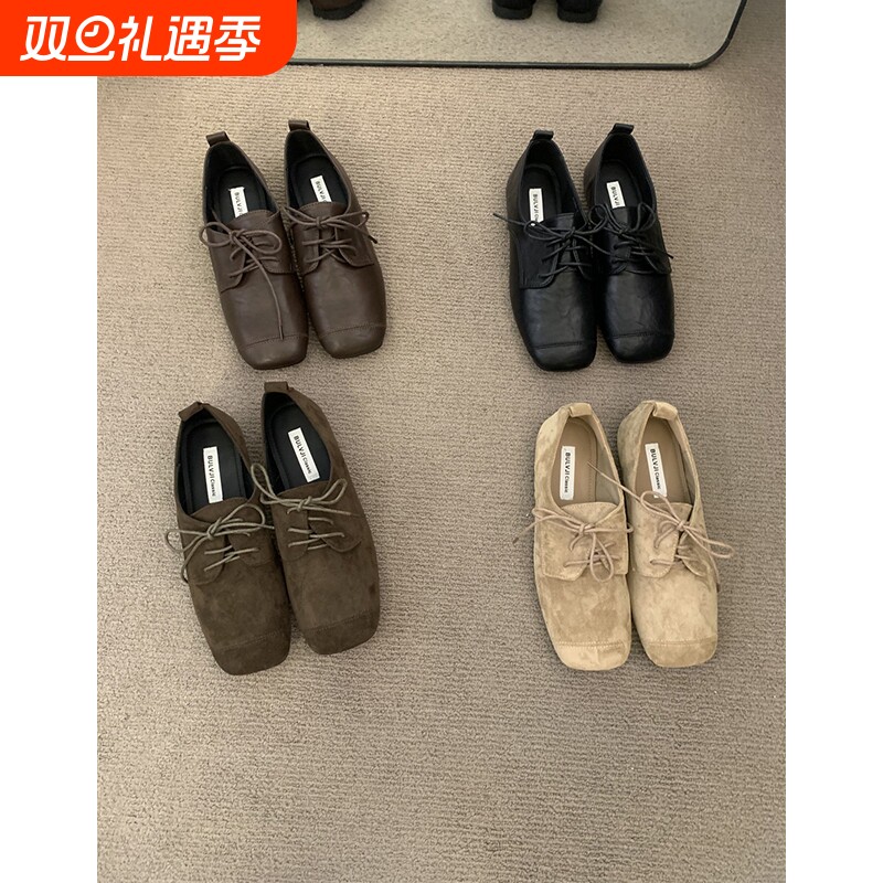 复古绒面绑带小皮鞋黑色平底玛丽珍鞋2025秋冬新款软底方头豆豆鞋