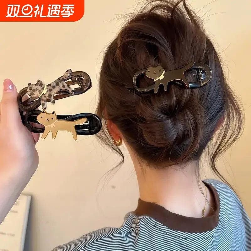 2025新款高级感豹纹猫咪发夹女后脑勺大号盘发扭扭抓夹一字发卡子