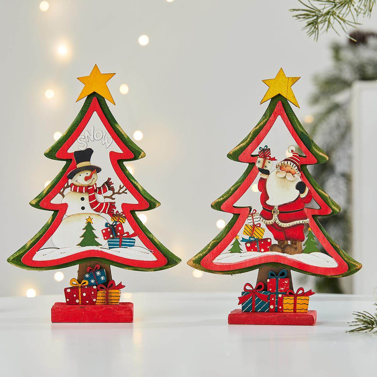圣诞节装饰用品桌面木质圣诞小树摆件复古手工圣诞树圣诞老人雪人