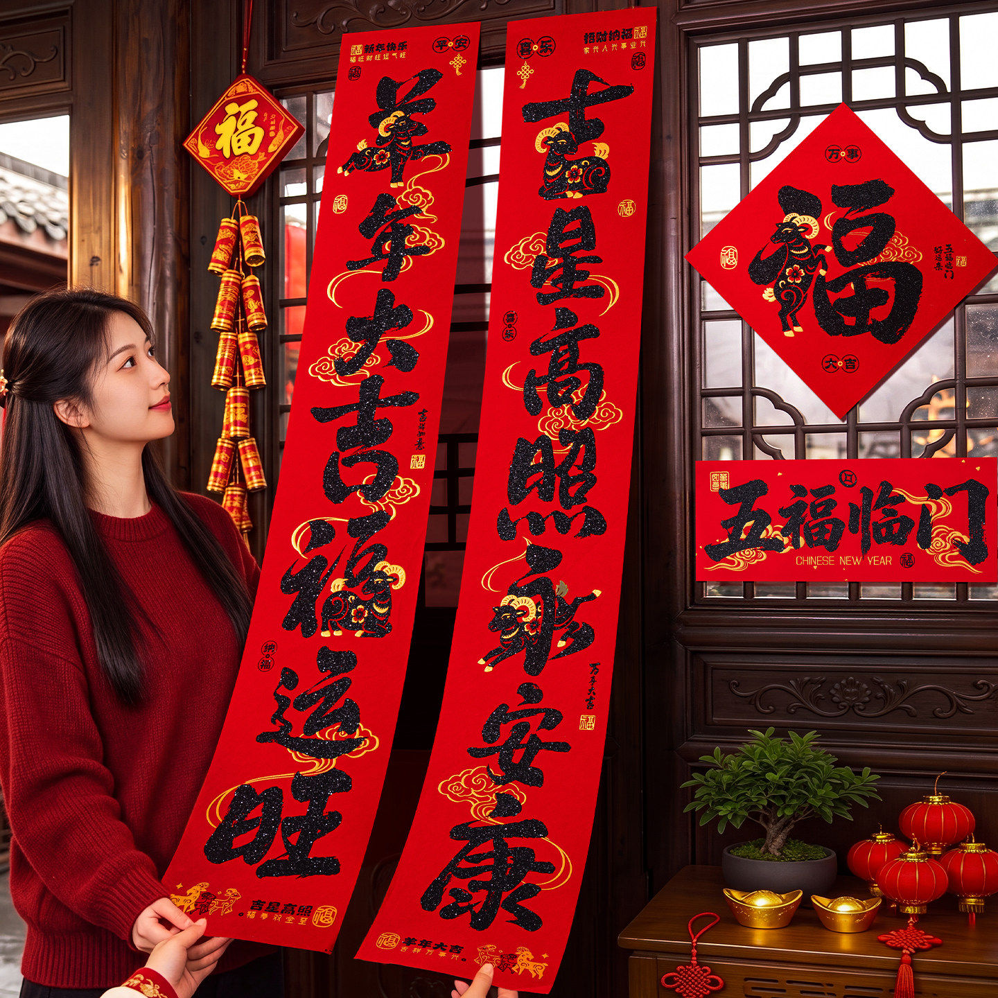 绒布书法对联春节家用2027羊年春联自带背胶过年新年大门福字门贴