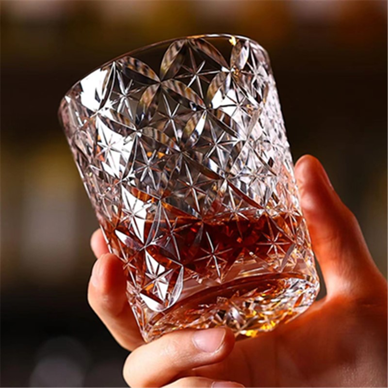 江户切子七宝威士l忌杯水晶玻璃洋酒杯洛克杯手工雕刻日式复古