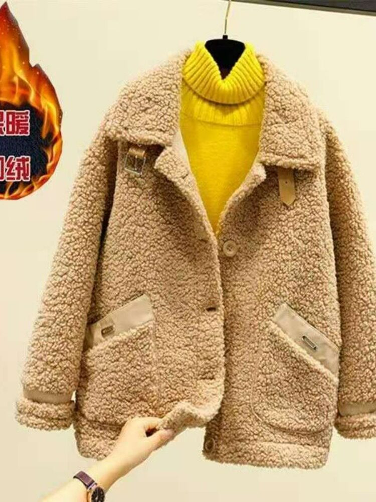 FLEECE JACKET WOMENS 2022 NEW AUTUMN AND WINTER KOREAN VERSION OF THE THICKENED GRAIN VELVET SMALL MAN COAT IS SIMPLE BUT NOT SIMPLE