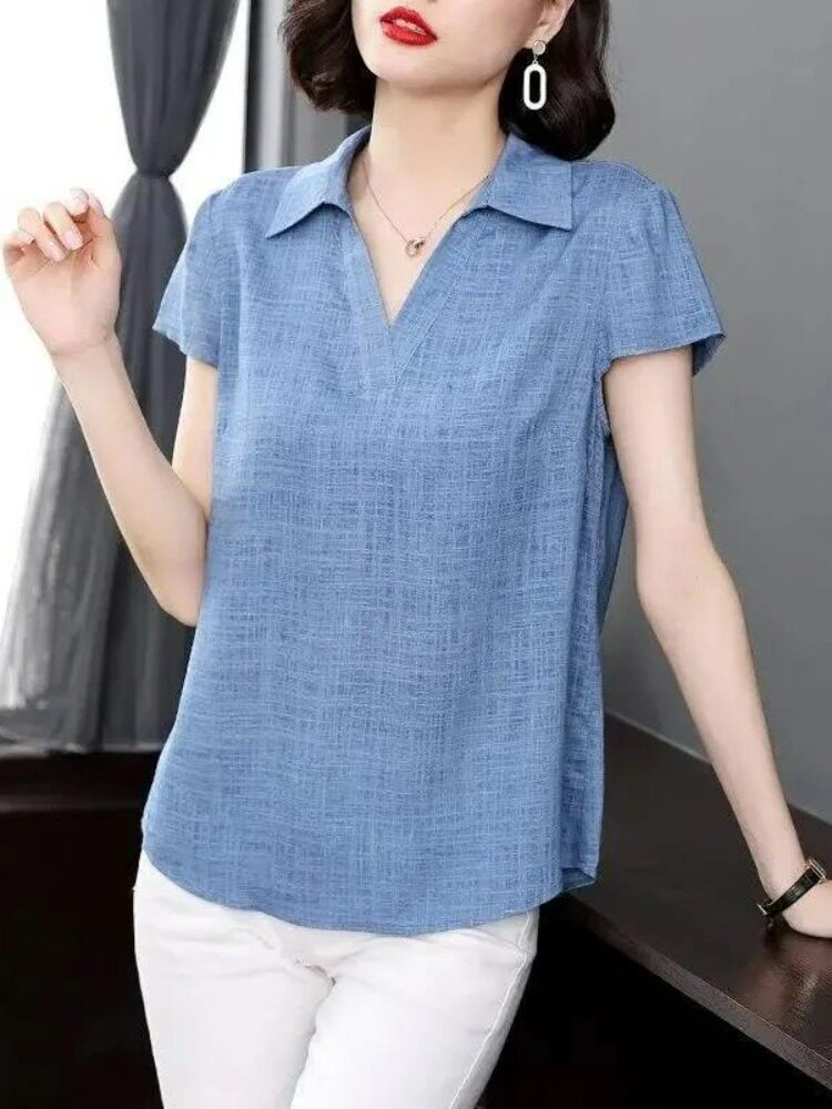 면과 린넨 셔츠 여성 여름 얇은 느슨한 대형 지방 MM 중년 어머니는 배를 덮어 슬림 캐주얼 린넨 탑을 연출합니다