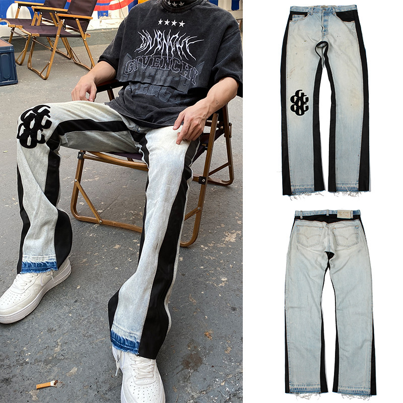 gallery dept 22ss裤王牛仔拼皮微喇叭拼接做旧vinytage牛仔长裤