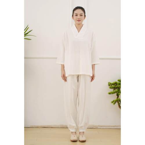 新款寺院居士服女七分袖棉麻套装佛系禅意瑜伽服打坐禅修道家居士