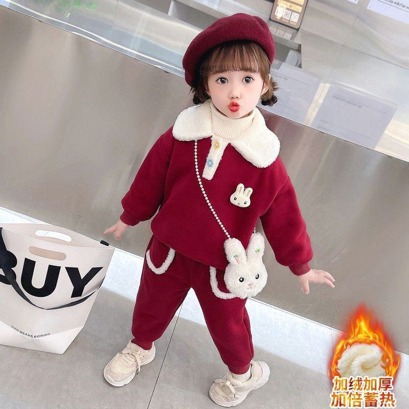 品牌专柜女童秋冬加绒翻领卫衣卫裤两件套新款一体绒时髦运动套装