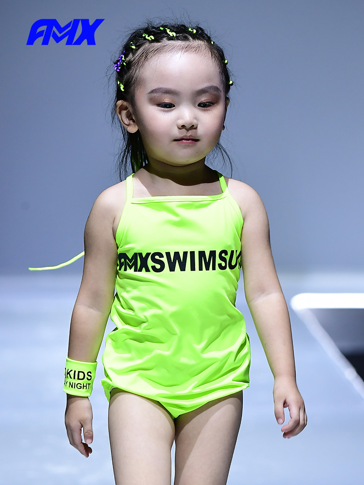 儿童走秀t台泳装女童荧光绿连体吊带泳衣宝宝时尚游泳衣fmx23