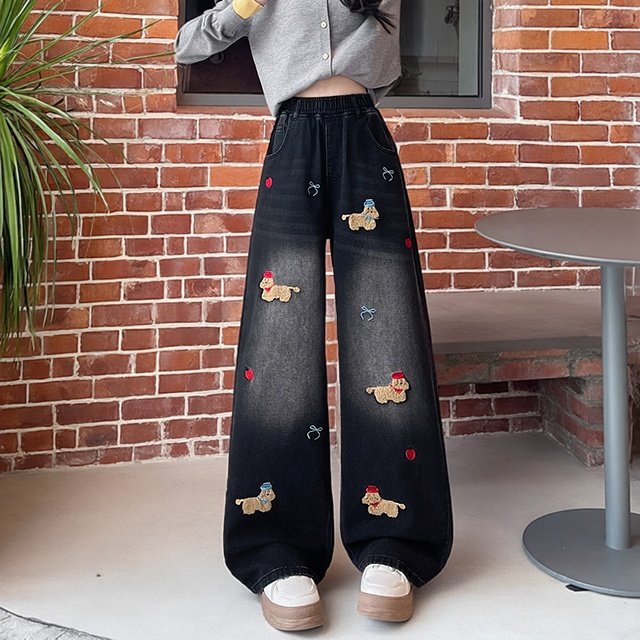 胖MM可爱风卡通刺绣休闲阔腿裤女2026春季新款高腰遮肉显瘦拖地裤,女装/女士精品,大码裤装,淘宝优惠券,粉丝福利购,淘宝优惠卷