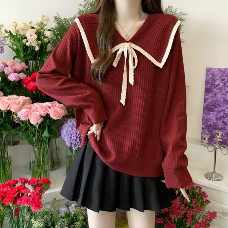 大码女装时尚娃娃领撞色针织衫2025秋冬新款简约舒适宽松显瘦毛衣,女装/女士精品,大码内搭,淘宝优惠券,粉丝福利购,淘宝优惠卷