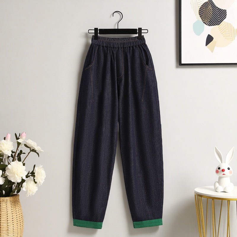 加大码时尚撞色休闲牛仔哈伦裤女2026春季新款高腰宽松显瘦老爹裤,女装/女士精品,大码裤装,淘宝优惠券,粉丝福利购,淘宝优惠卷