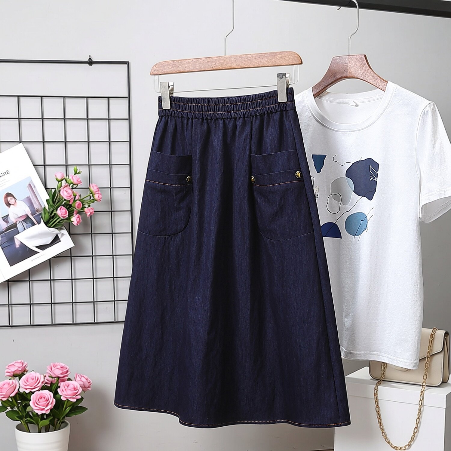 大码女装简约口袋休闲牛仔半身裙2026春夏新款高腰遮胯显瘦中长裙