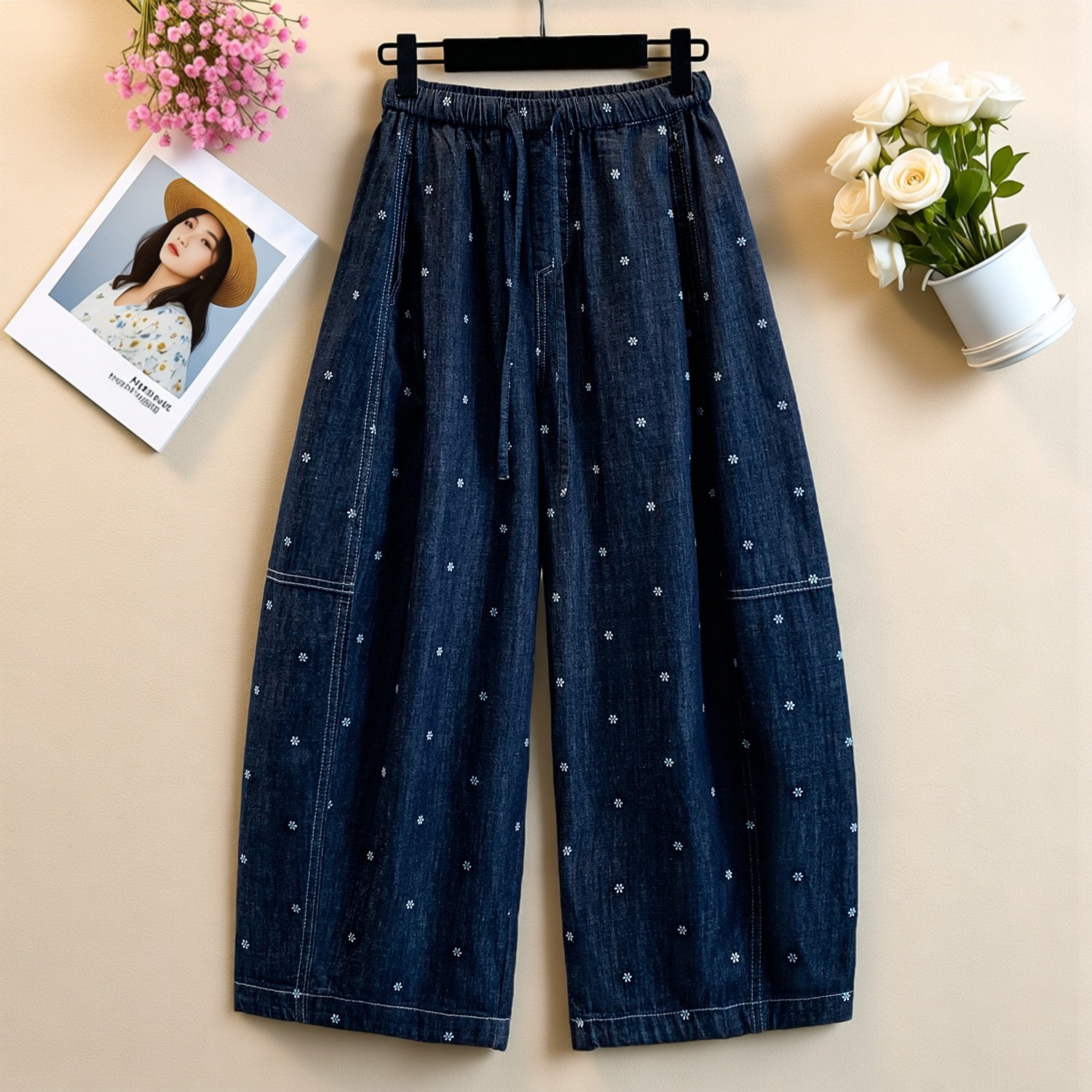 加大码设计感创意拼接小碎花休闲哈伦裤加大码高腰遮胯显瘦弯刀裤,女装/女士精品,大码裤装,淘宝优惠券,粉丝福利购,淘宝优惠卷