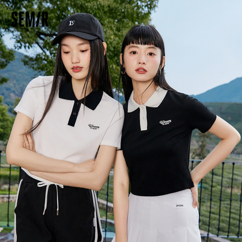 [商场同款]森马POLO衫女短款紧身简约风2023夏季新款字撞色上衣
