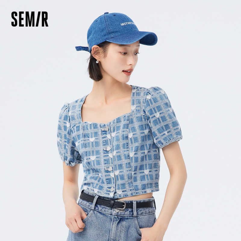 [商场同款]森马短袖衬衫女短款格子爱心甜酷2023夏季新款牛仔衬衣