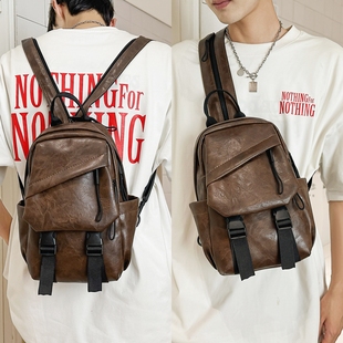 潮牌工装 休闲双肩背包防水斜挎包女骑行机车包 PU皮质多用胸包男士