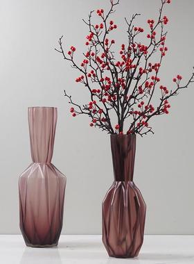 紫色手工磨刻艺术玻璃花瓶现代轻奢花器水培客厅玄关干花装饰桌面