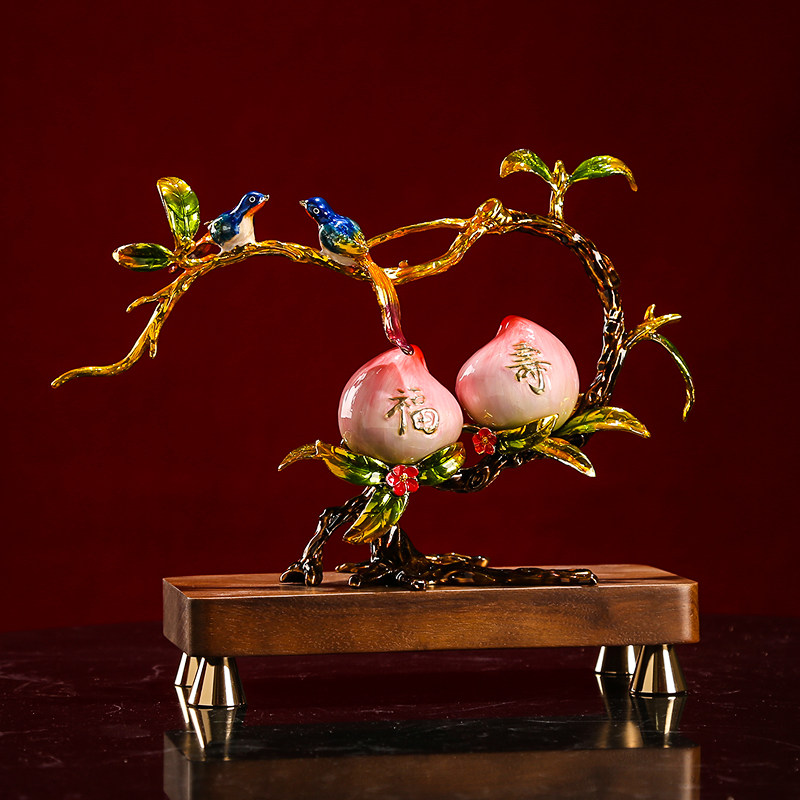 珐琅彩福寿双全寿桃摆件新中式