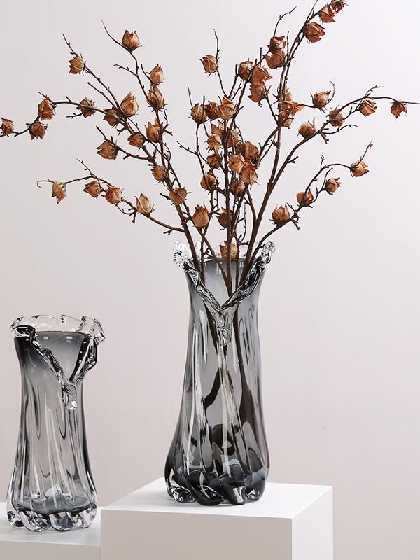 艺术玻璃烟灰色花瓶轻奢摆件客厅茶几电视柜可水培插花花器装饰品