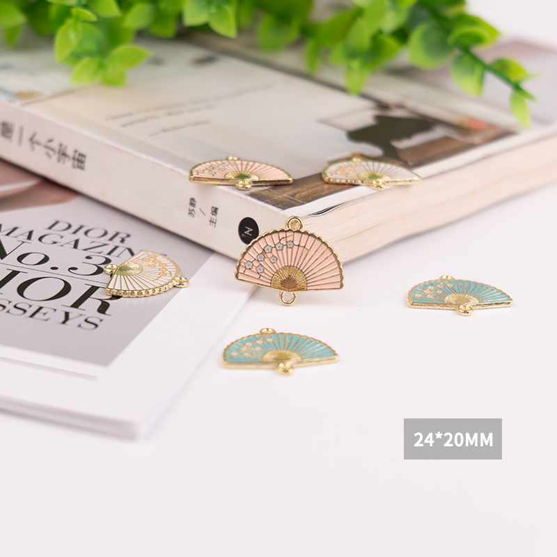 中式扇子流苏双吊花朵扇子DIY饰品合金耳环耳饰皮筋配件