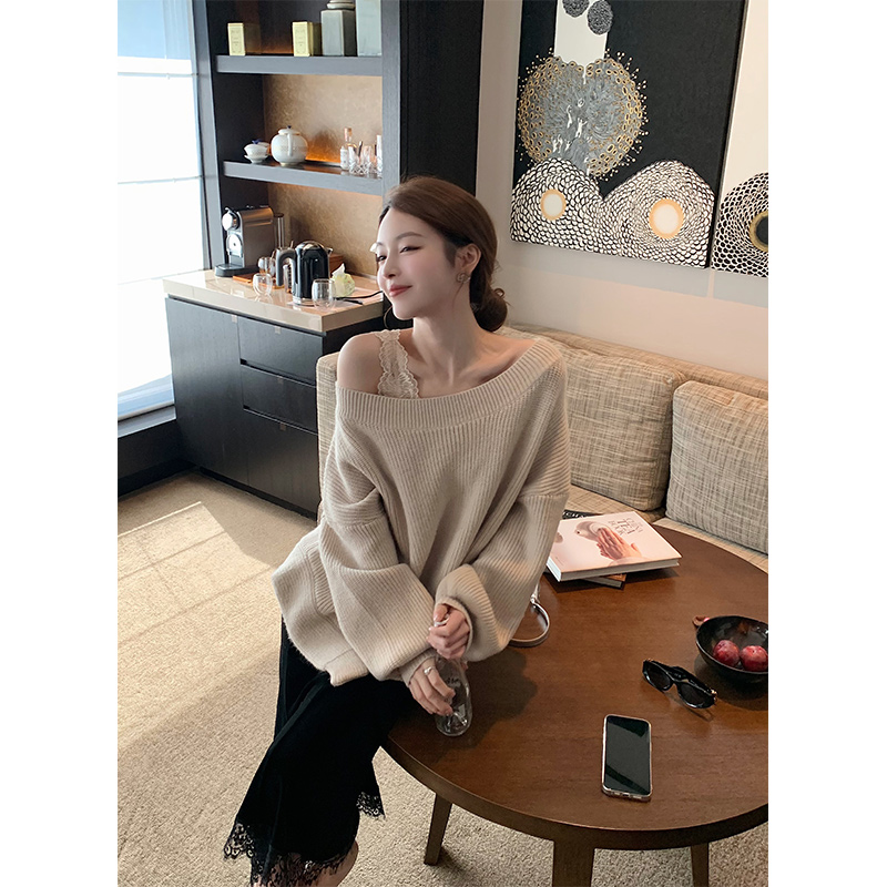 只有妮慵懒暖暖斜肩宽松大毛衣