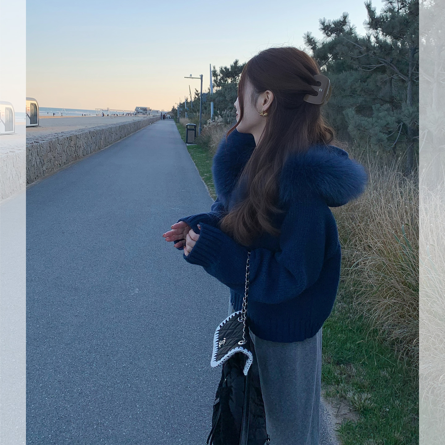 只有妮大狐狸毛领羊毛开衫毛衣