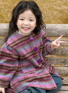 NEXT春秋季新款韩版女童紫色呢大衣甜美时尚可爱格纹毛呢外套