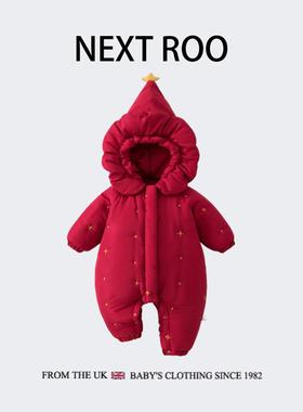 英国Next roo婴儿连体羽绒棉爬服宝宝秋冬加厚过年红色星星拜年服