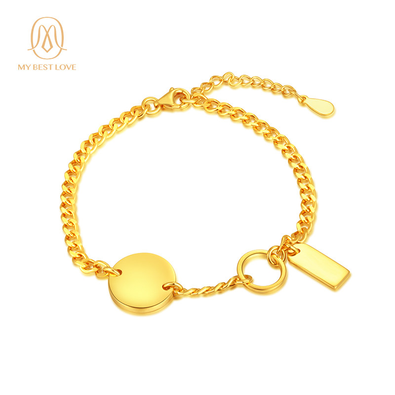 金包银黄金手链女简约冷淡风999足金圆牌首饰生日礼物送女友定制