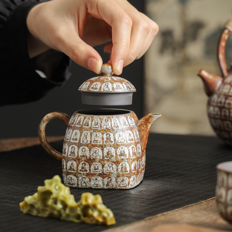 老岩泥鎏银千佛四方茶壶泡茶家用单壶中式高端功夫茶具陶瓷泡茶器