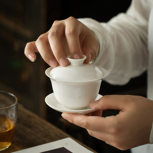 功夫茶盖碗茶杯大号三才单个陶瓷茶具家用茶碗 德化猪油白瓷盖碗