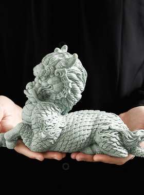 青砂石招财福瑞麒麟茶宠摆件装饰