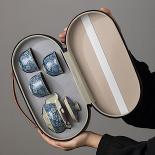 手抓壶一壶三杯功夫茶具套装 老陶泥青花户外旅行茶具套装 便捷式