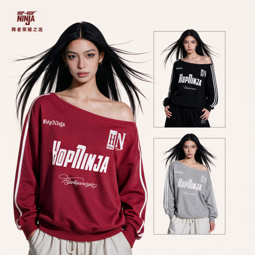 HIPHOP NINJA美式复古刺绣斜肩领长袖卫衣女爵士舞松弛风宽松上衣