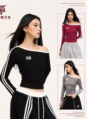 HIPHOP NINJA复古运动风斜肩杠条长袖T恤女街舞跳爵士舞修身上衣