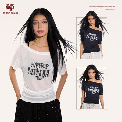 HIPHOP NINJA夏季微透字母印花斜肩短袖T恤衫女跳爵士舞宽松上衣