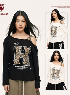 HIPHOP NINJA慵懒风豹纹斜肩长袖T恤女街舞跳爵士舞罩衫宽松上衣