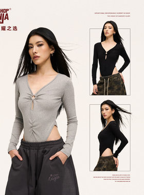 HIPHOP NINJA街舞跳爵士舞V领打底长袖女辣妹性感修身连体上衣
