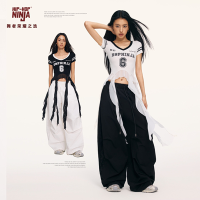HIPHOP NINJA街舞跳爵士舞辣妹夏季短袖女KPOP流苏网纱飘带上衣
