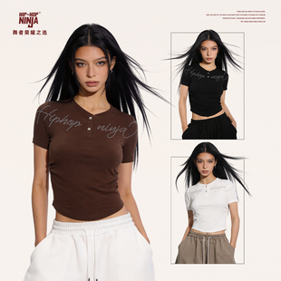 潮牌上衣 T恤女辣妹跳爵士舞显瘦修身 HIPHOPNINJA美式 闪钻字母短袖