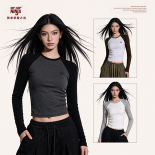 HIPHOP NINJA 美式复古撞色插肩长袖T恤女修身内搭打底上衣针织衫